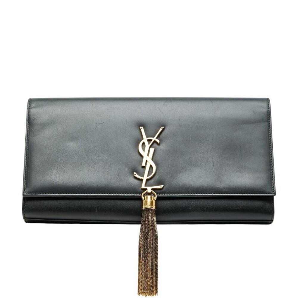 Saint Laurent YSL Logo Kate Tassel Fringe Clutch Bag Black Leather